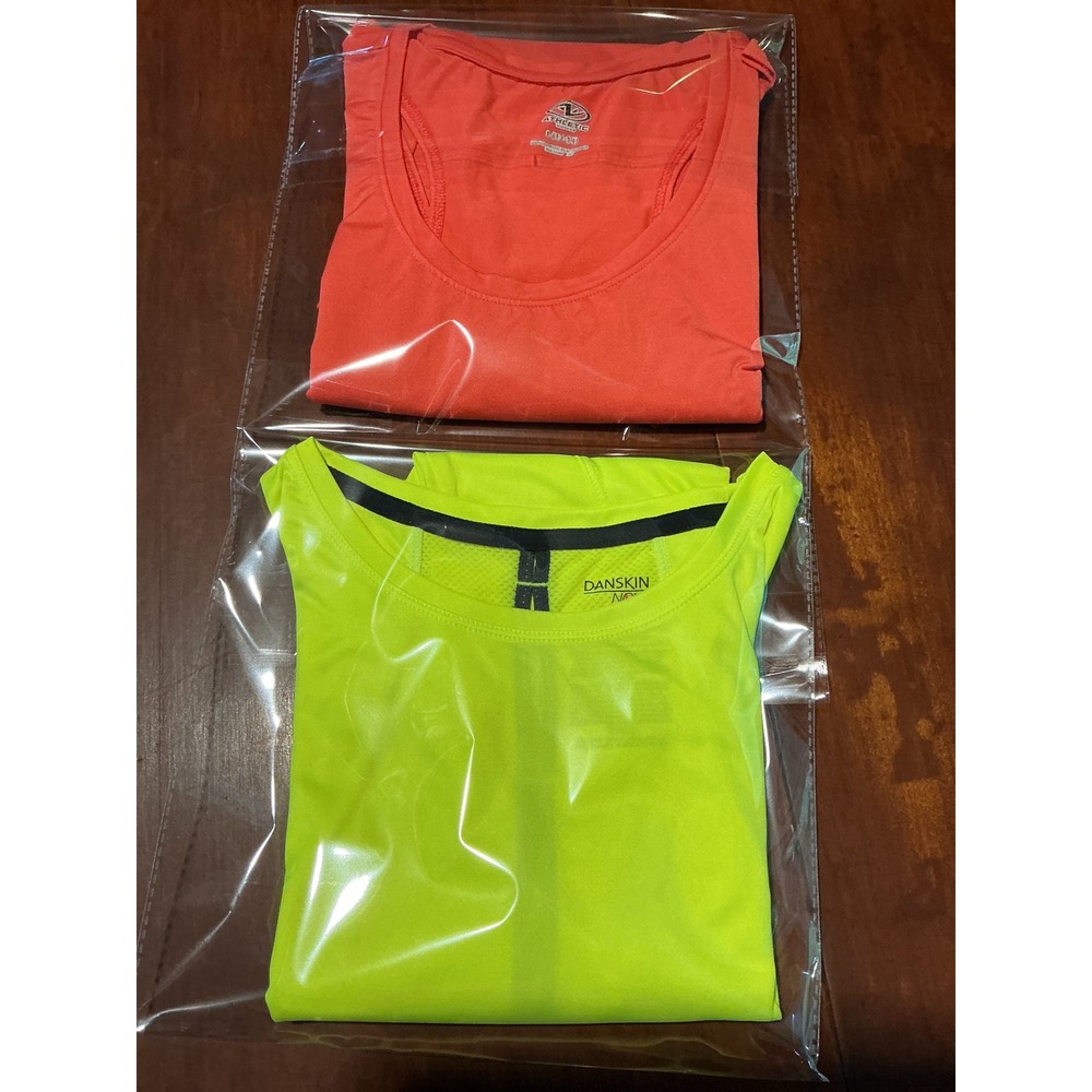 2 Shirts 1 Danskin Now Womens Neon Yellow Dri-More Activewear T-Shirt Size L